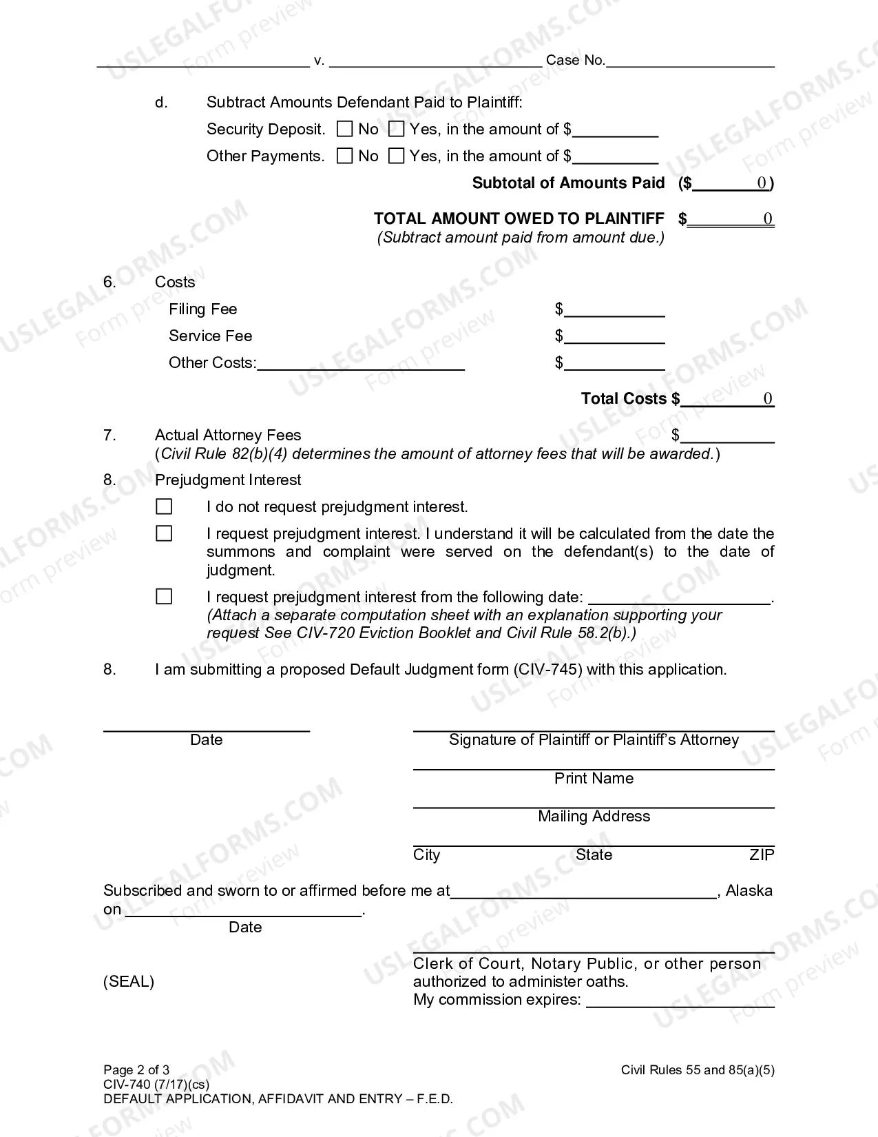 Preview Default Application, Affidavit and Entry (In F.E.D. Action)