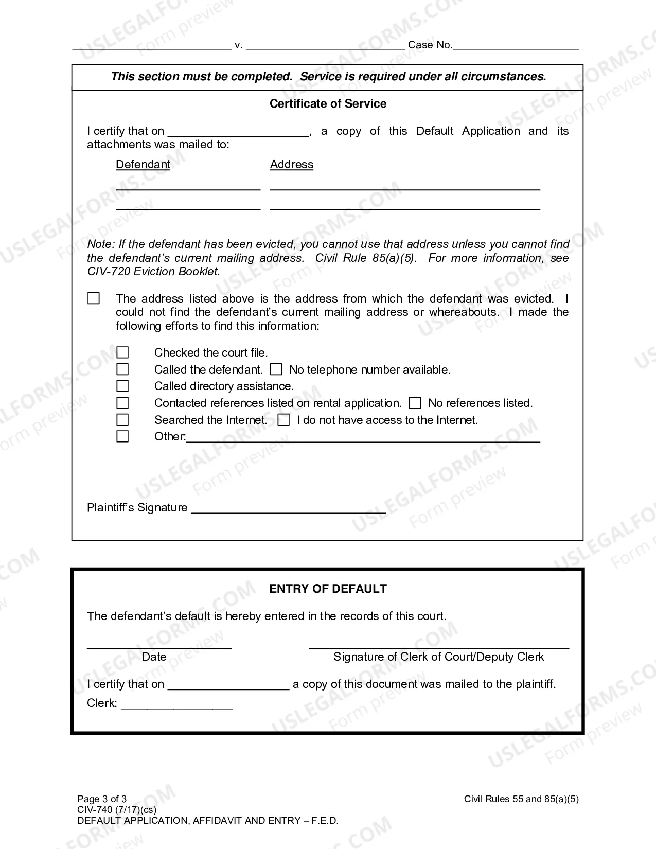 Preview Default Application, Affidavit and Entry (In F.E.D. Action)