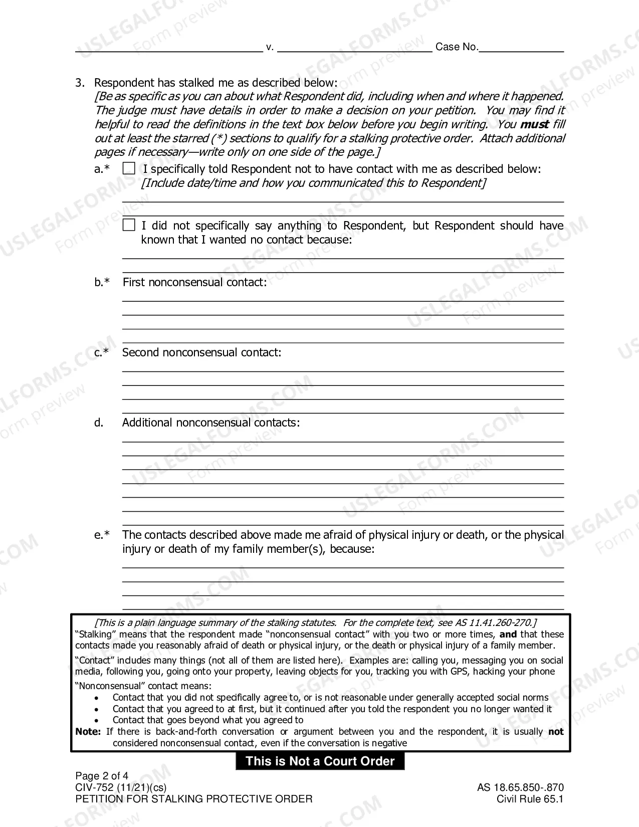 Preview Petition for Stalking or Sexual Assault Protective Order