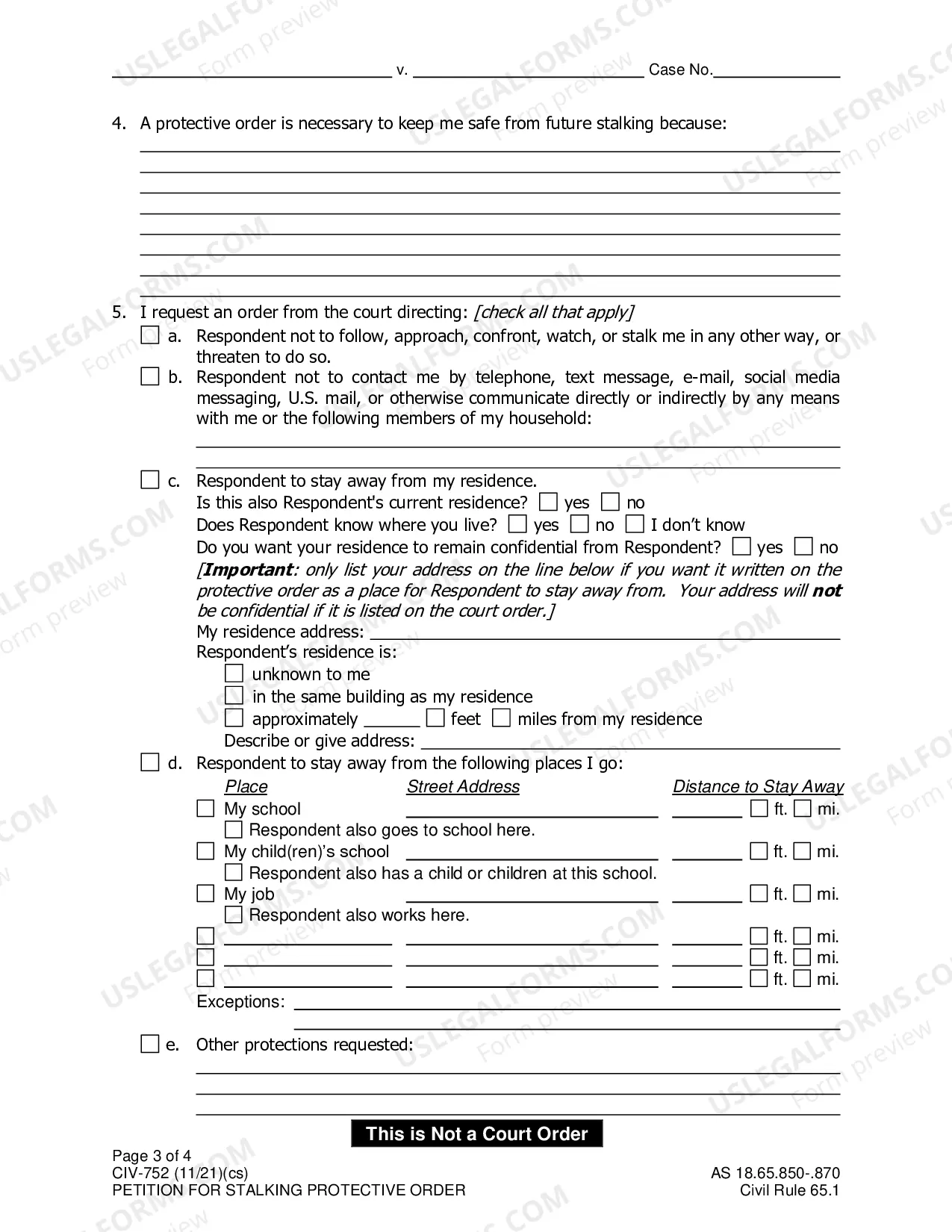 Preview Petition for Stalking or Sexual Assault Protective Order