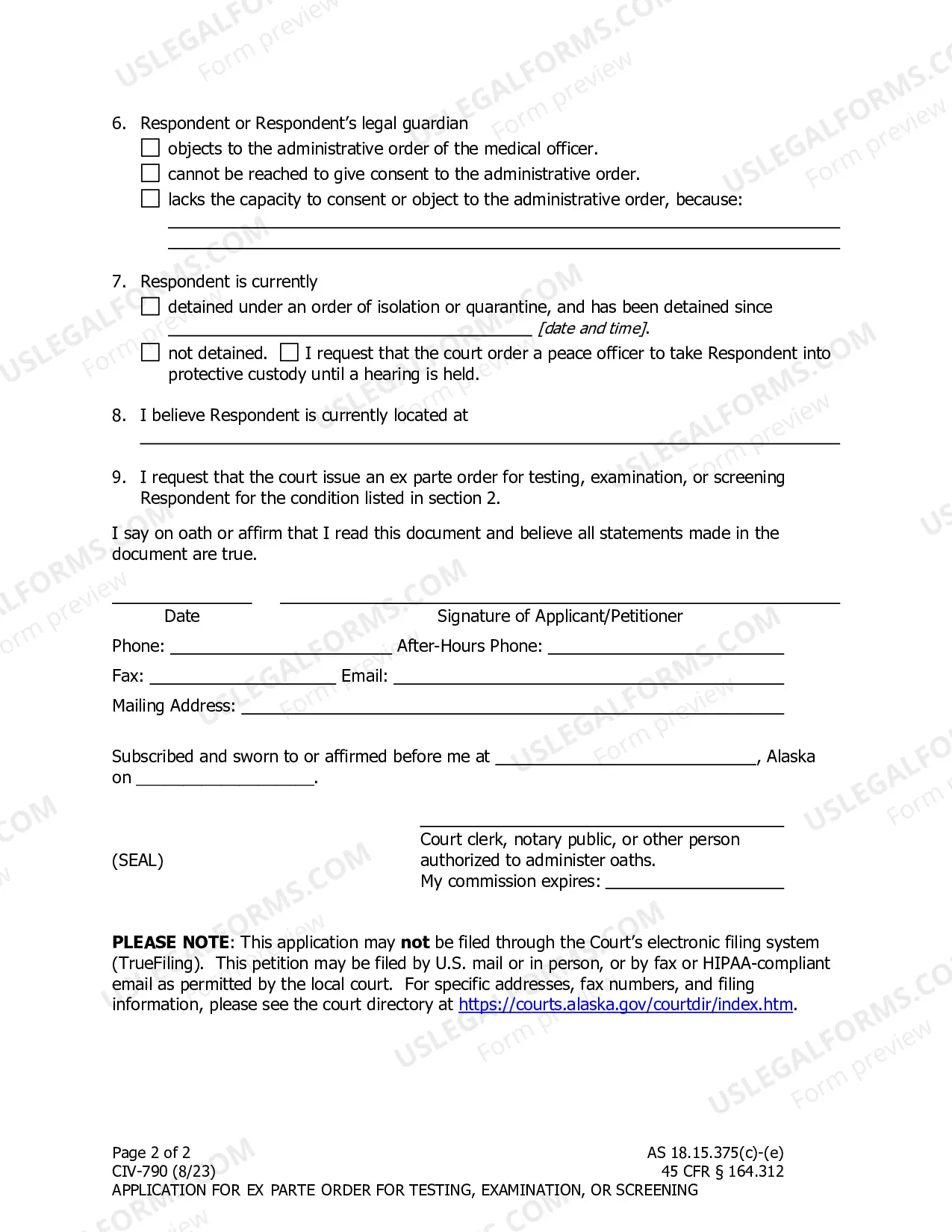 Preview Application for Ex Parte Order for Testing, Examination, or Screening