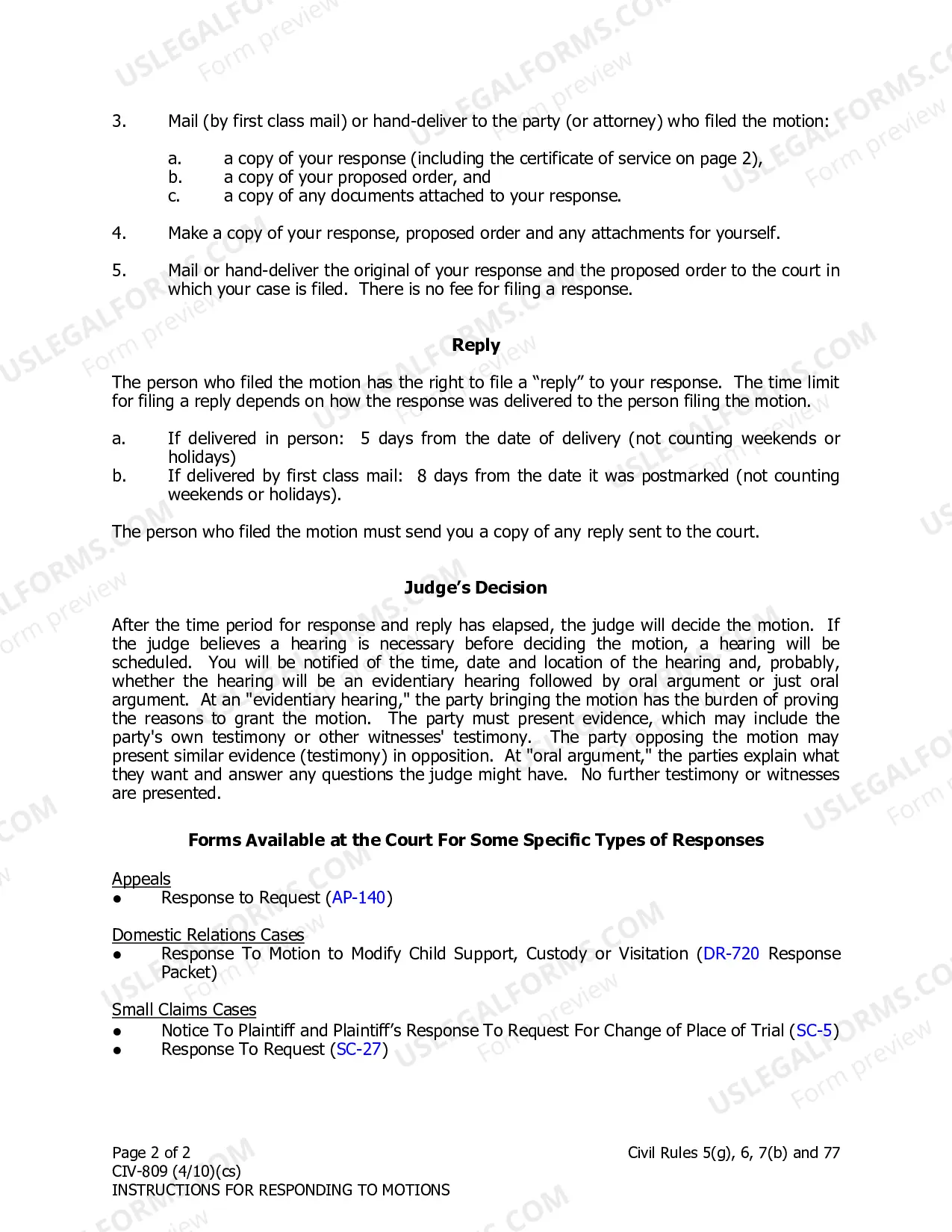 Preview Instructions for Responding to Motions in Civil Cases