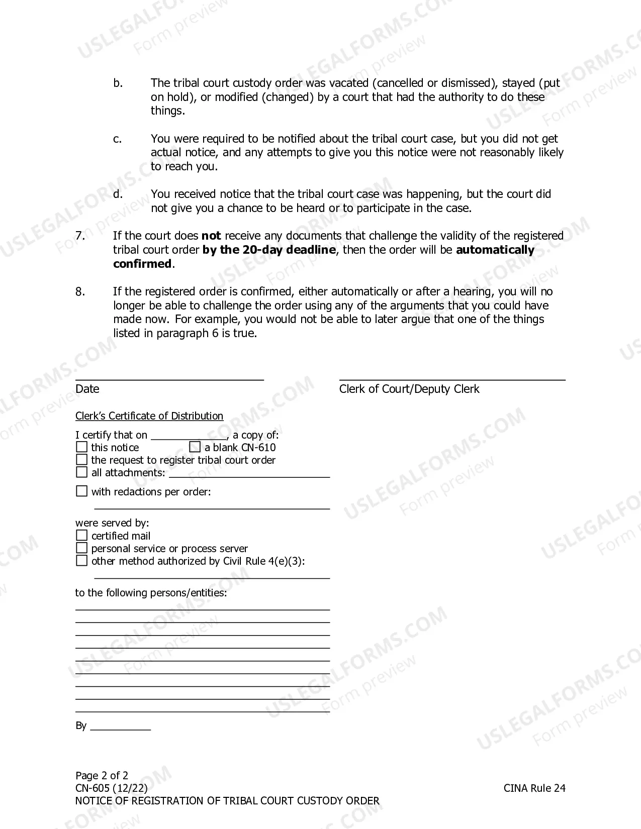 Preview Notice of Registration of Tribal Court ICWA Custody Order