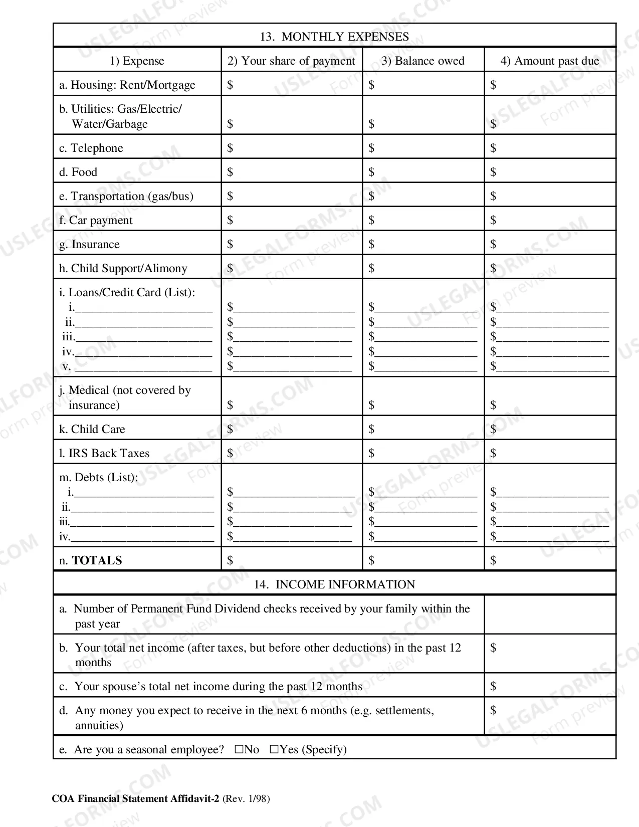Preview Financial Statement Affidavit