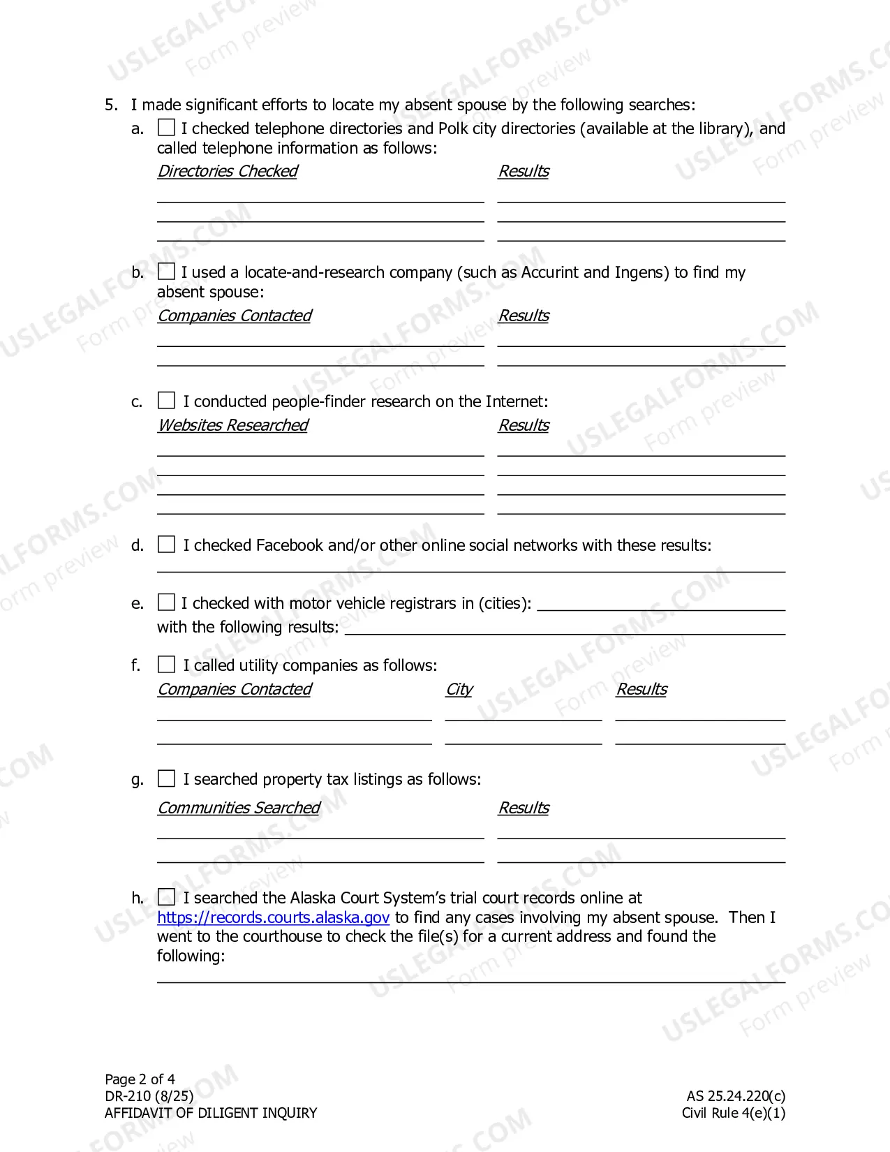 Preview Affidavit of Diligent Inquiry