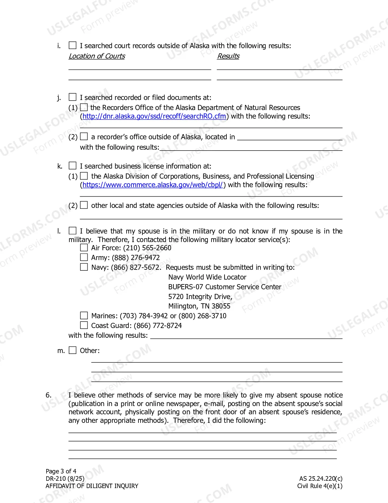 Preview Affidavit of Diligent Inquiry