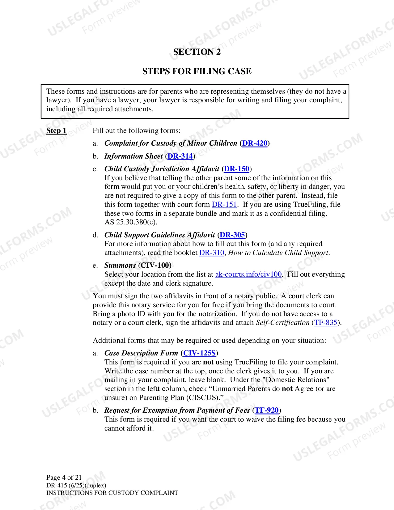 Preview Instructions for Filing Child Custody Case
