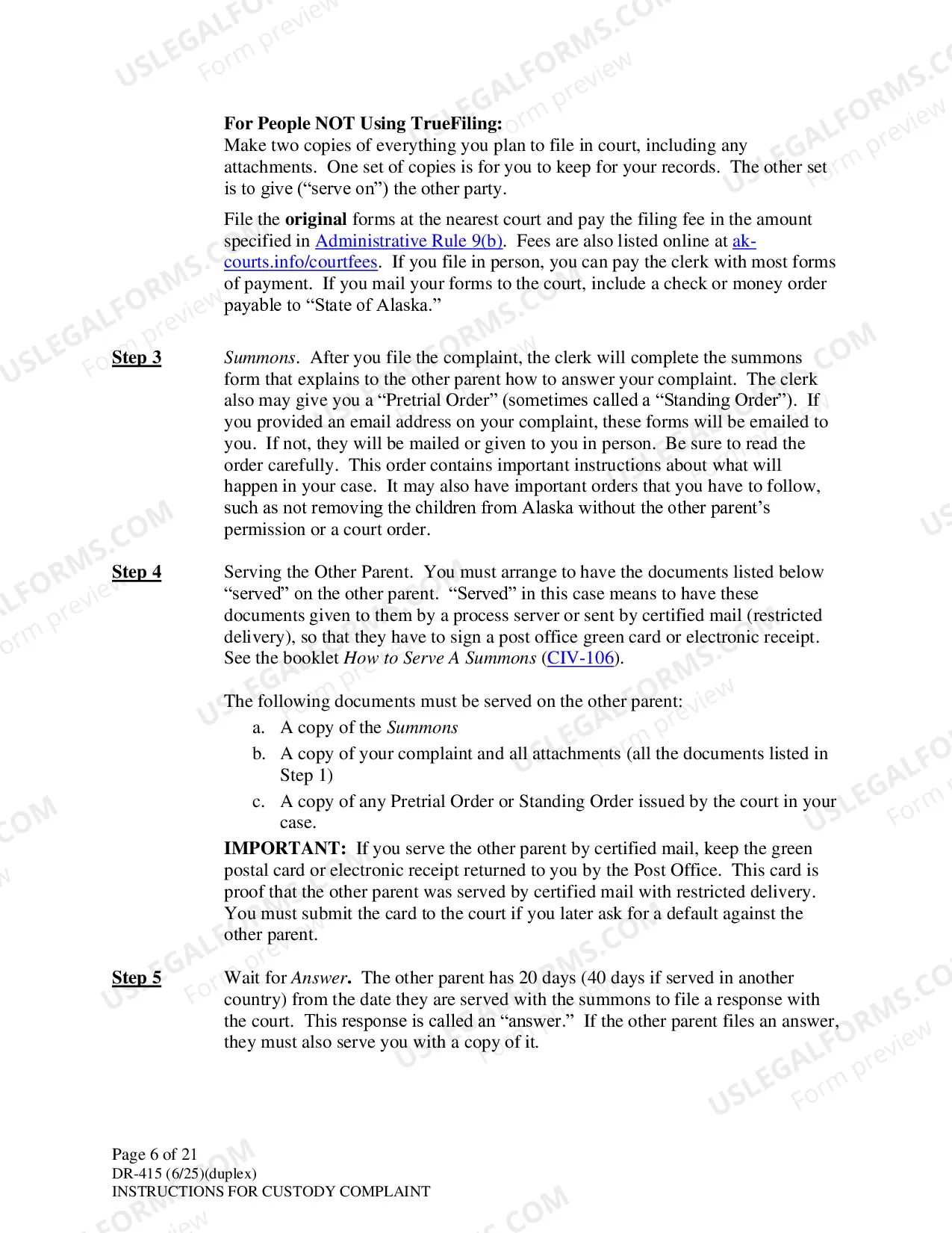 Preview Instructions for Filing Child Custody Case