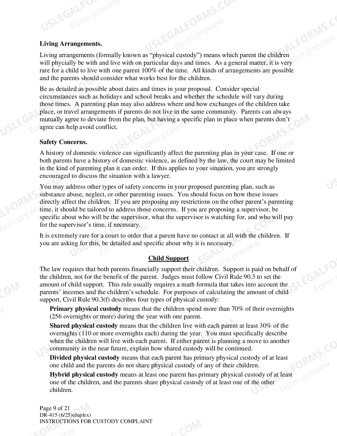 Preview Instructions for Filing Child Custody Case