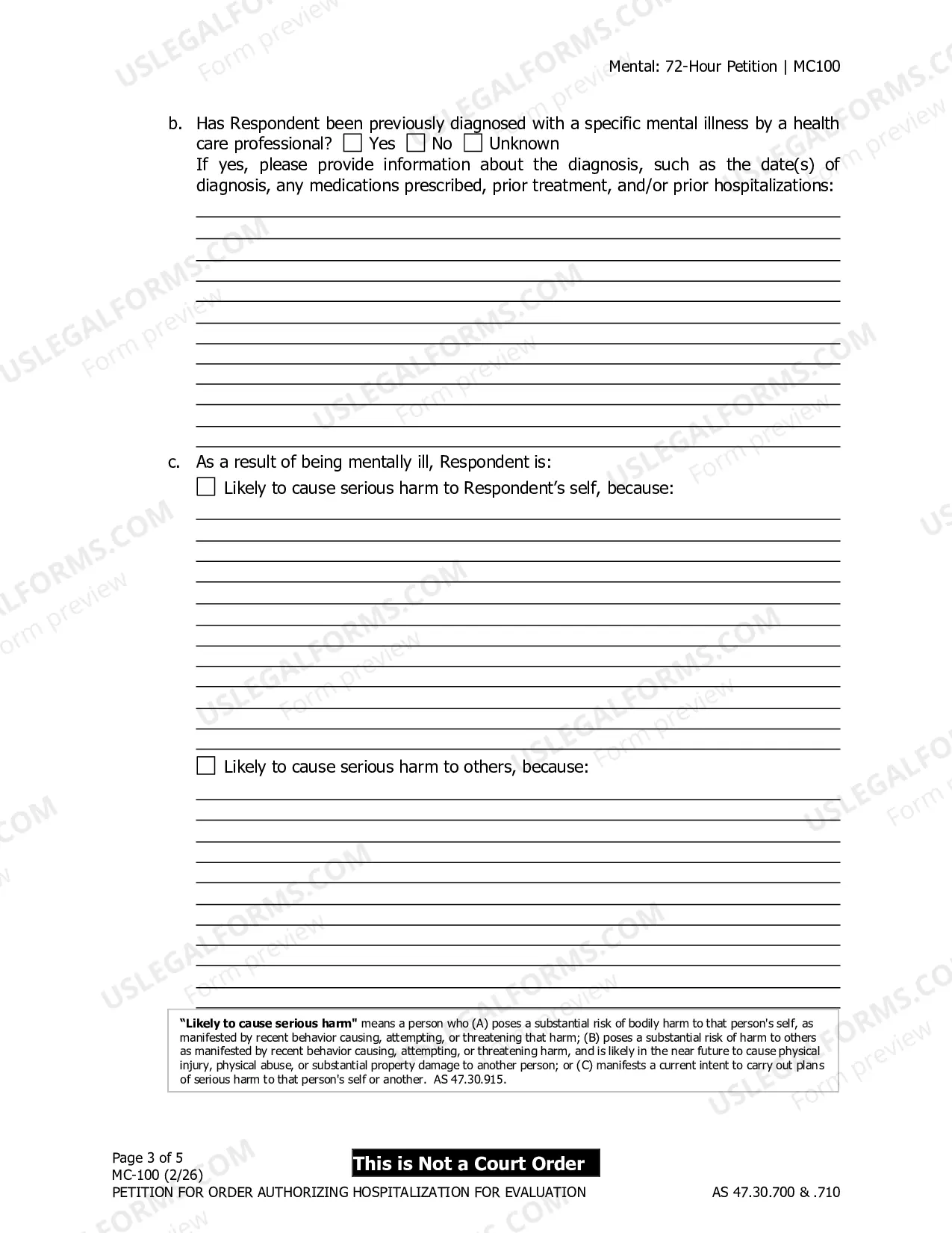 Preview Petition for Order Authorizing Hospitalization for Evaluation