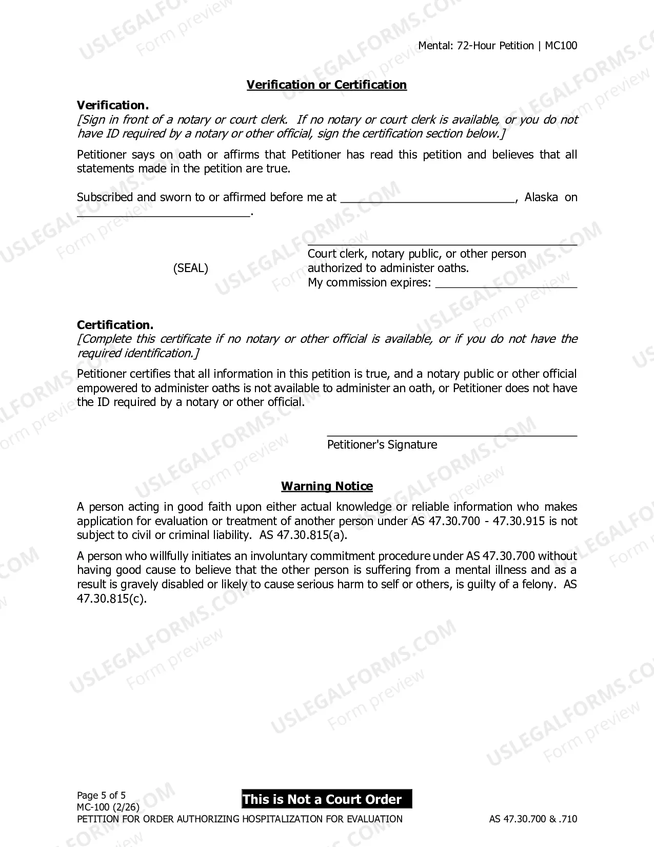 Preview Petition for Order Authorizing Hospitalization for Evaluation