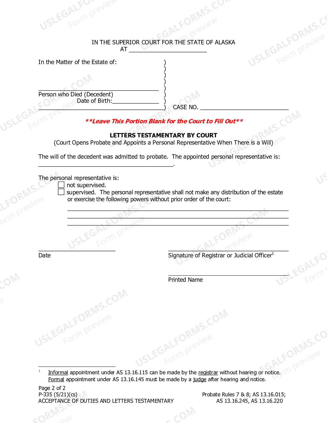 Preview Acceptance of Duties by Personal Representative and Letters Testamentary by Court