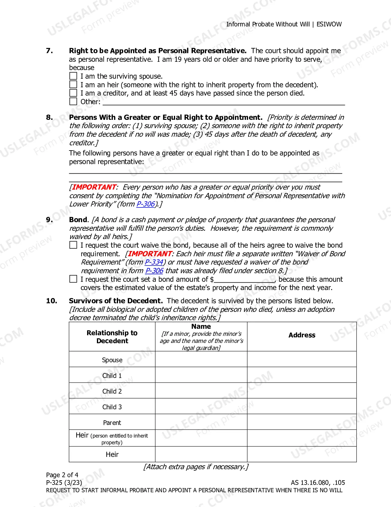 Preview Request to Start Informal Probate and Appoint a Personal Representative When there is No Will
