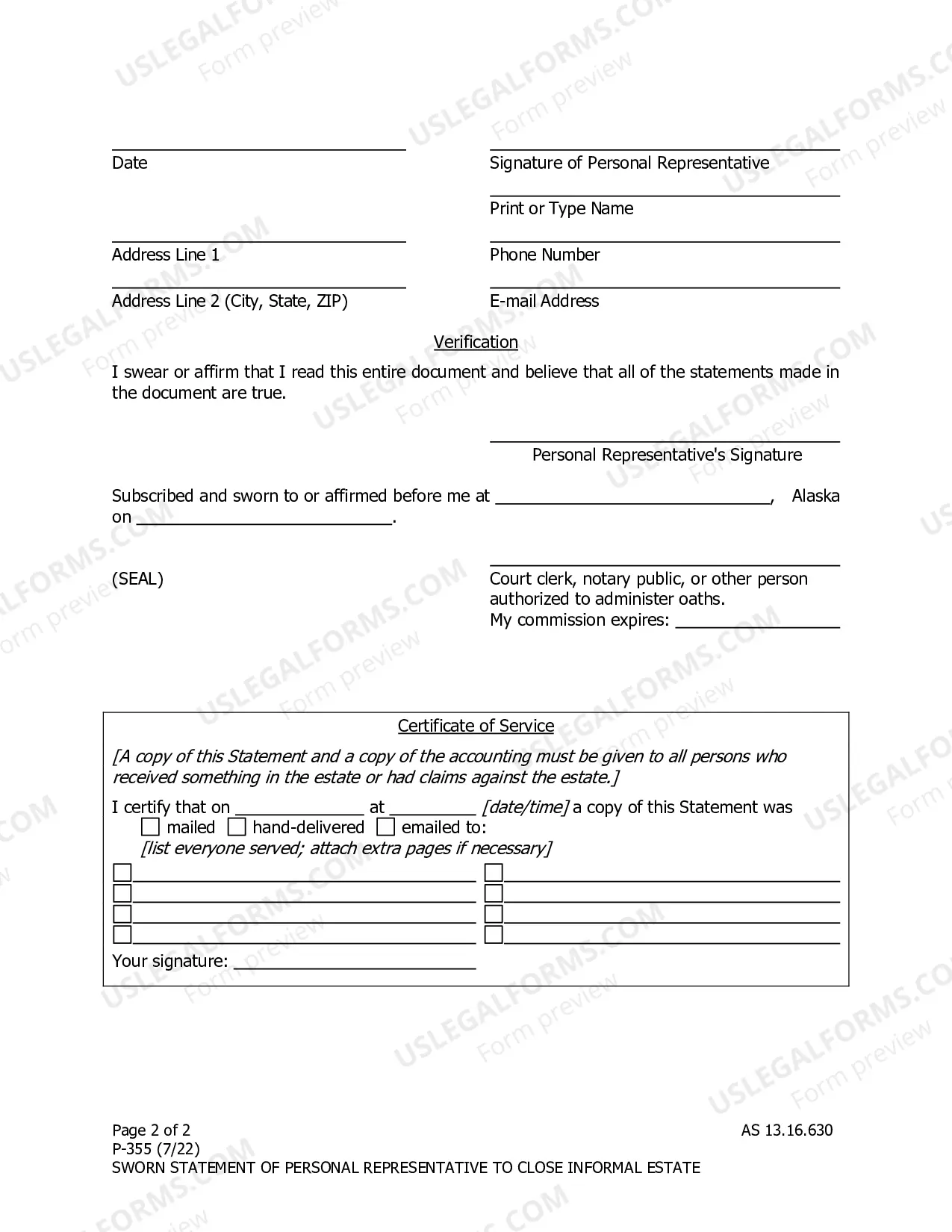 Preview Sworn Statement of Personal Representative to Close Informal Estate