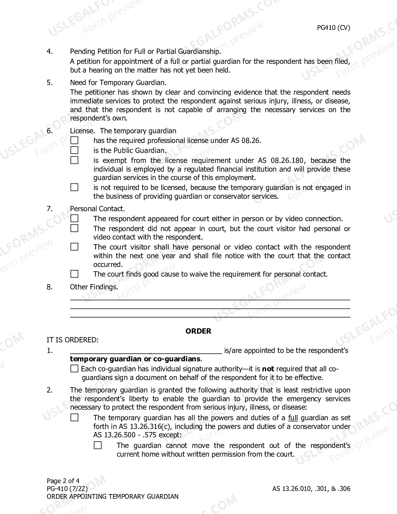 Preview Order Appointing Temporary Guardian Under AS 13.26.301