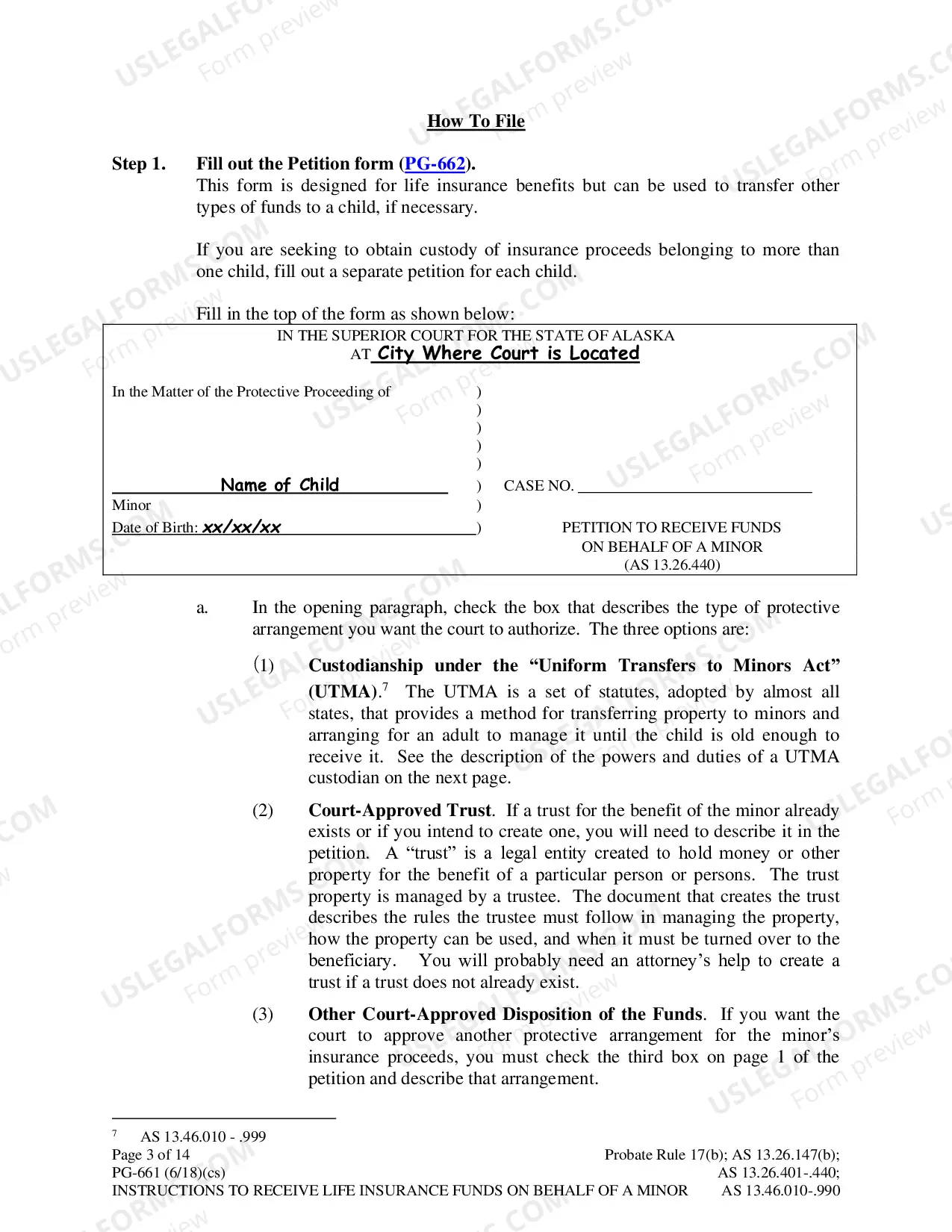 Preview Instructions for Petition to Receive Funds on Behalf of a Minor