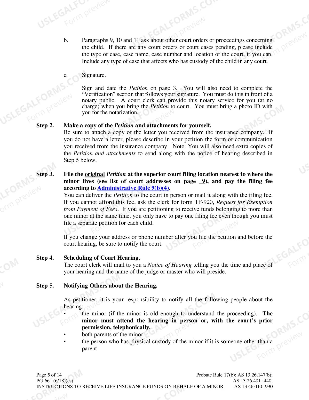 Preview Instructions for Petition to Receive Funds on Behalf of a Minor