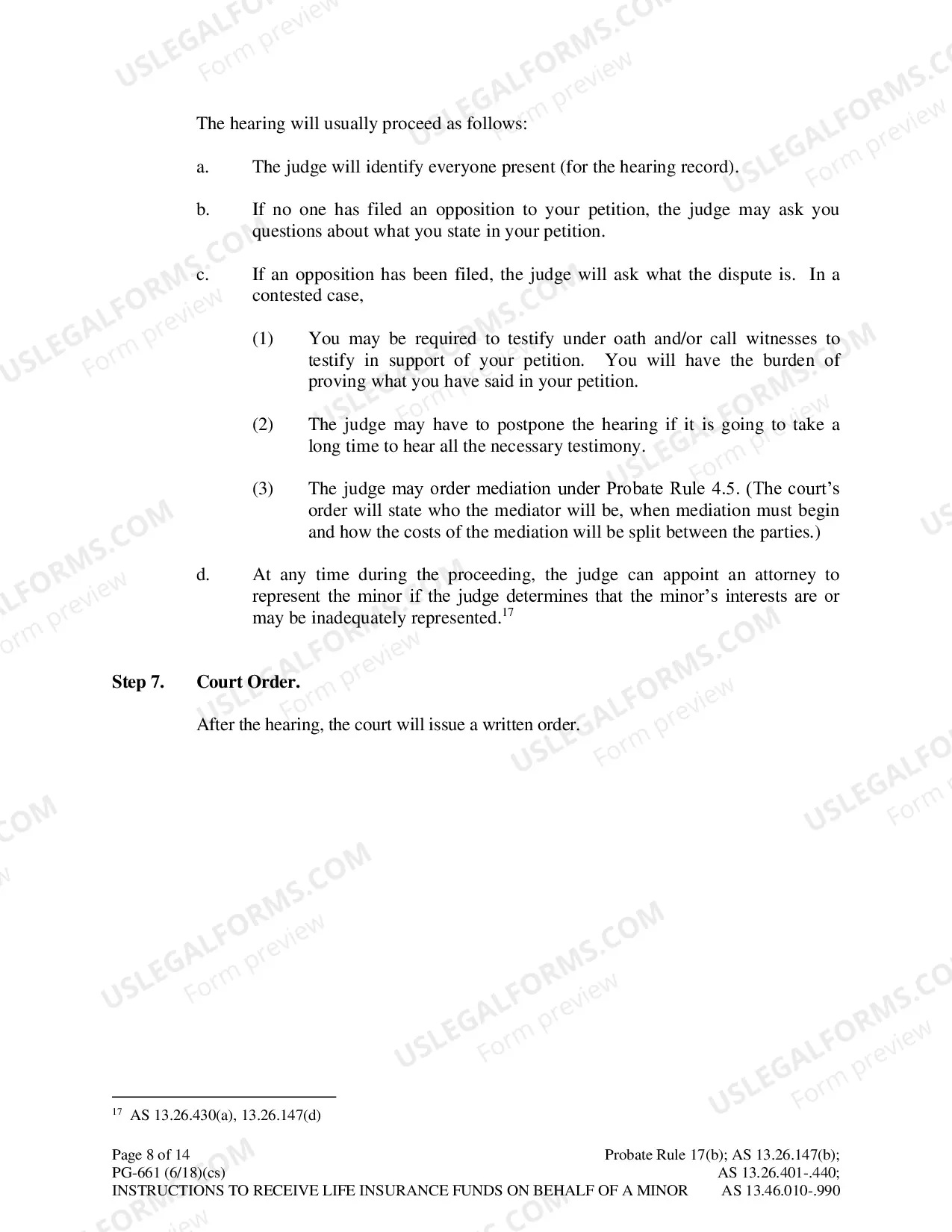Preview Instructions for Petition to Receive Funds on Behalf of a Minor