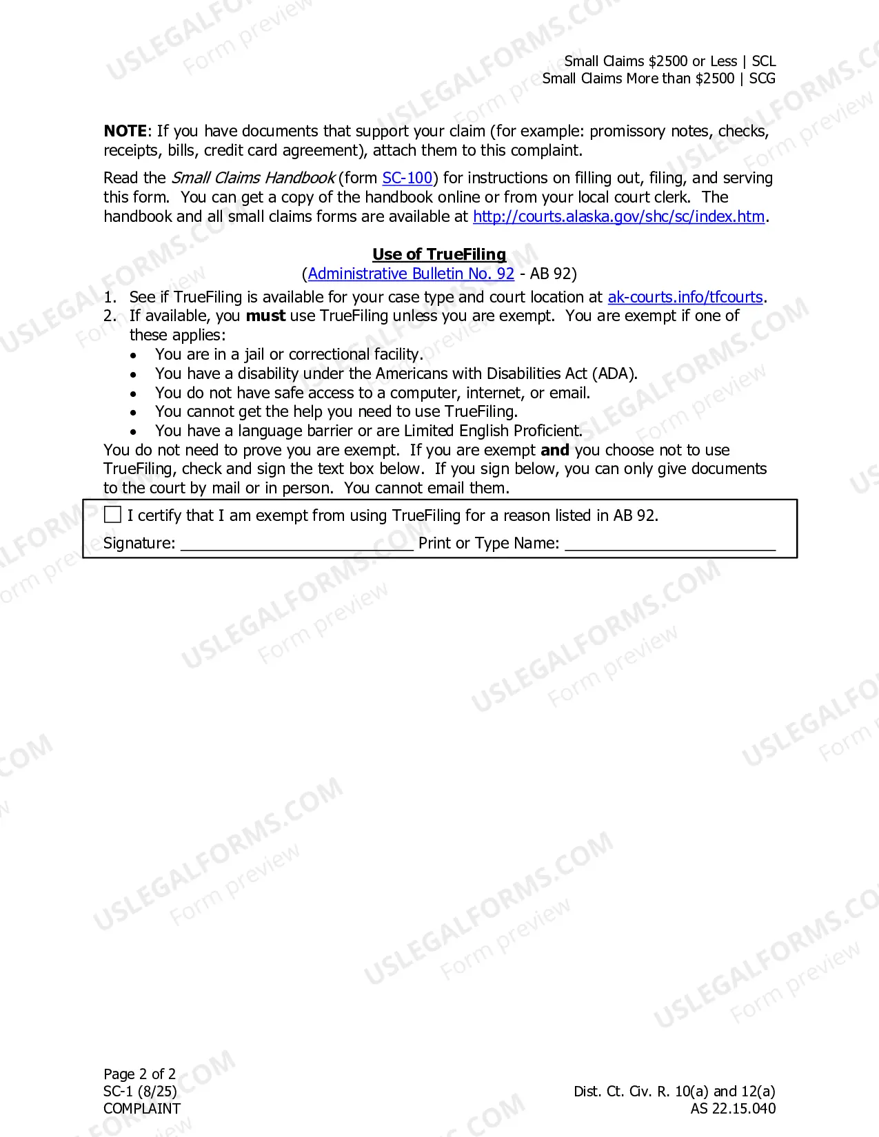 Preview Complaint(Include 2 copies of signed form when filing with court)