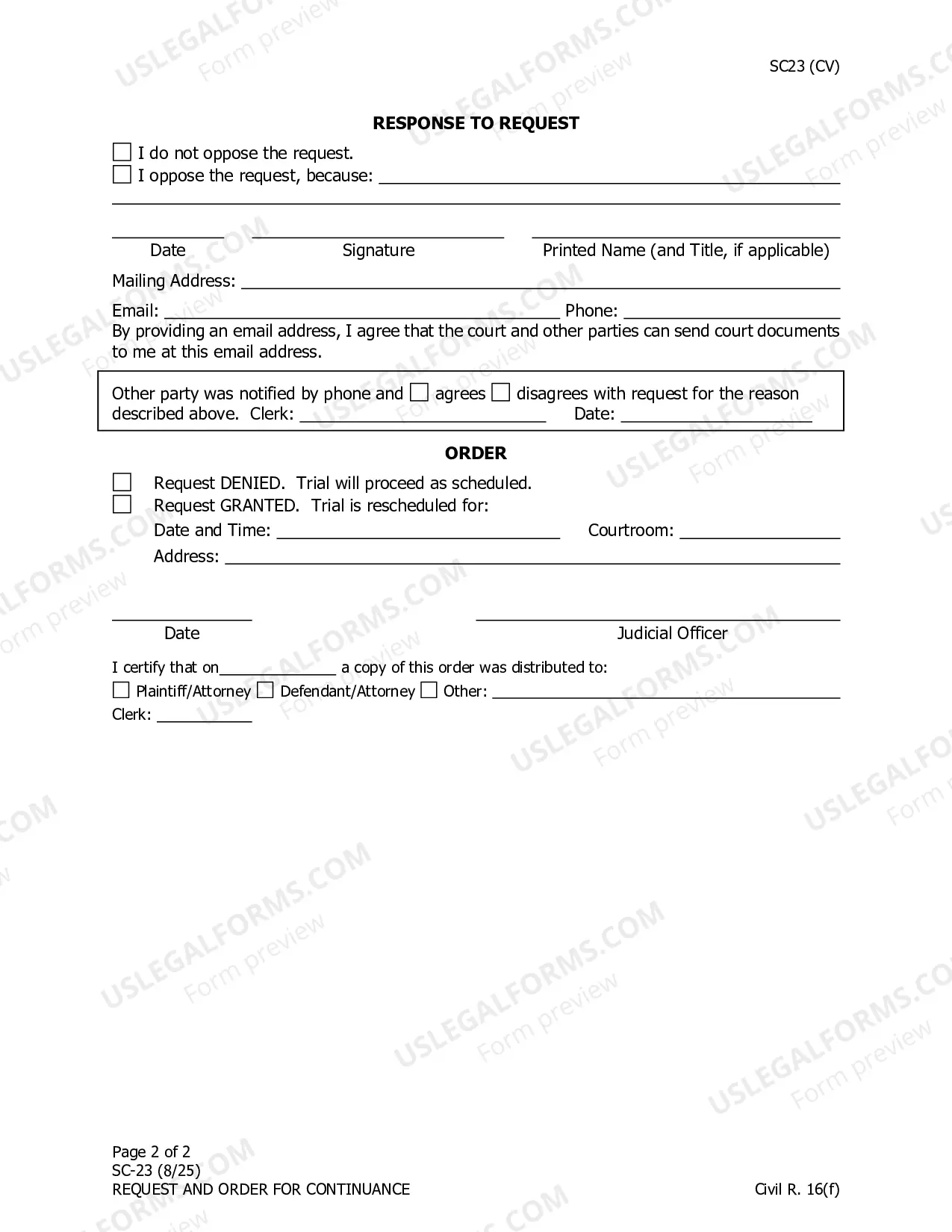 Preview Request/Order for Continuance
