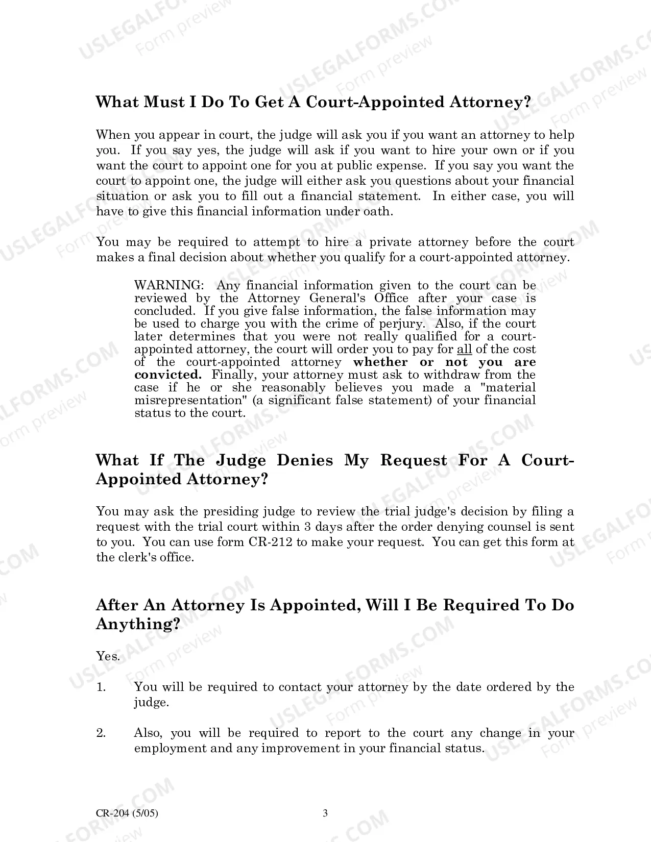 Preview Information For Defendants About Getting a Court-Appointed Attorney