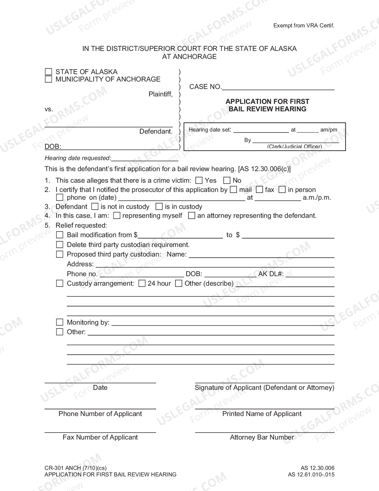 Alaska Application for First Bail Review Hearing (Anchorage only) US