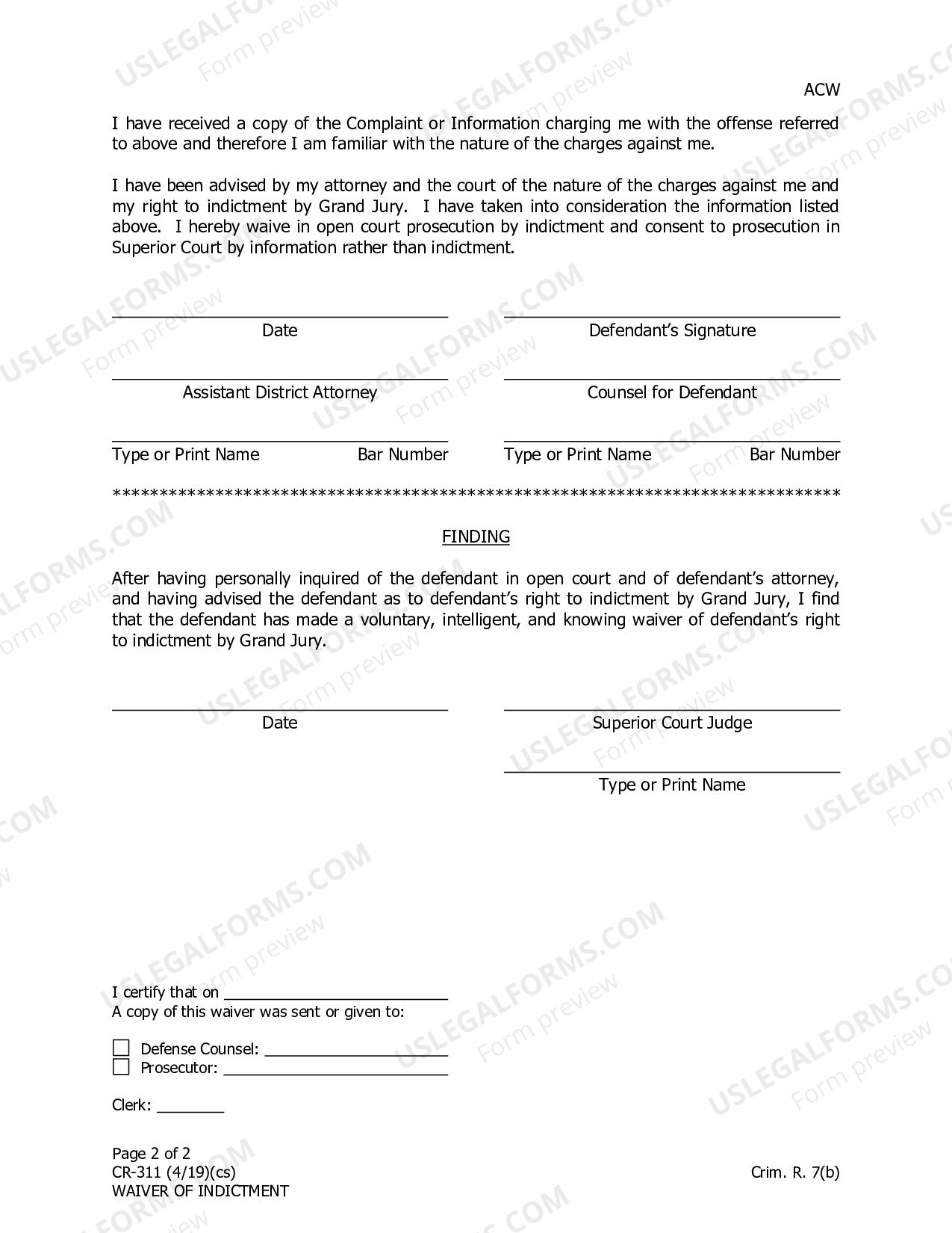 Waiver Of Indictment US Legal Forms