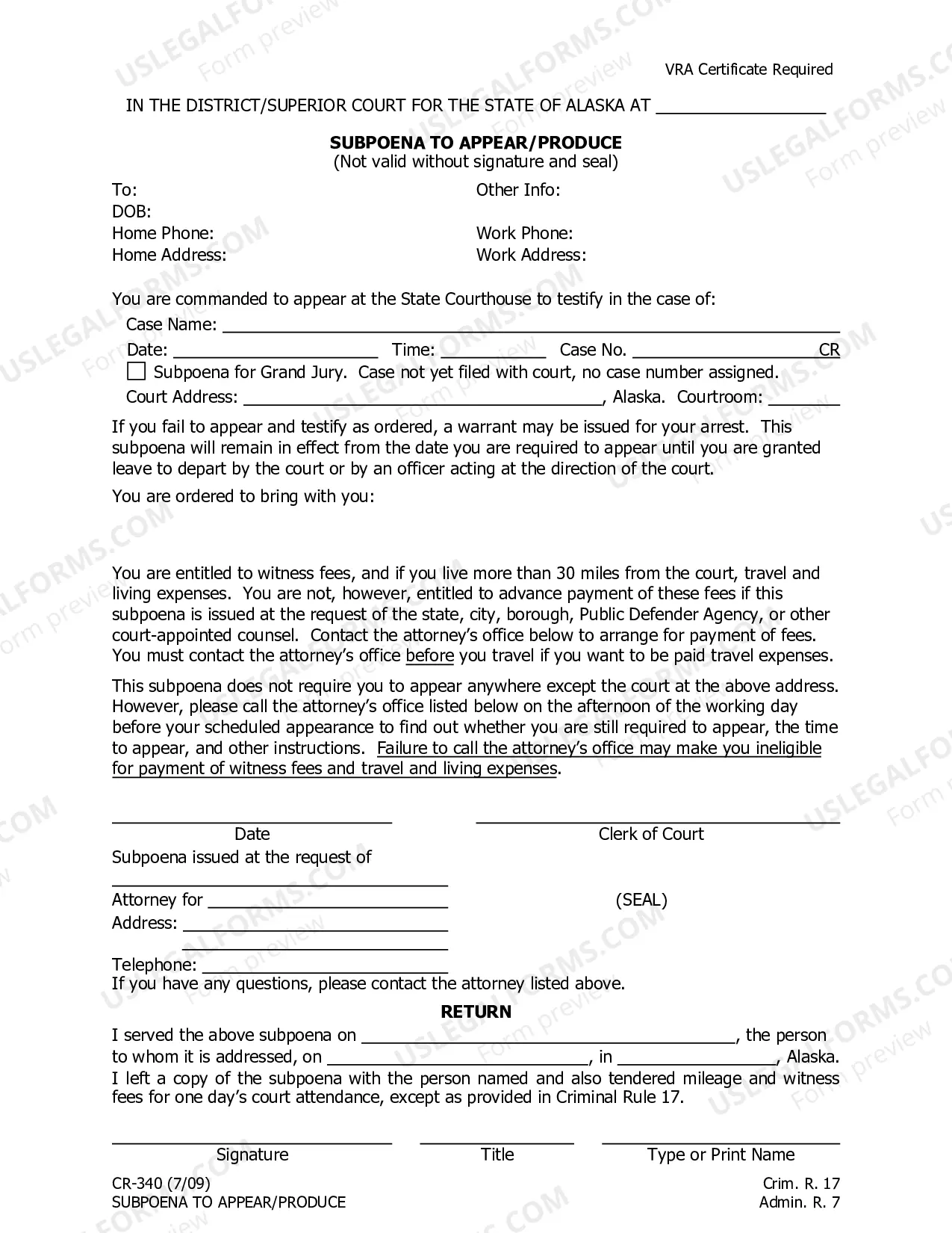 Preview Subpoena to Appear or Produce