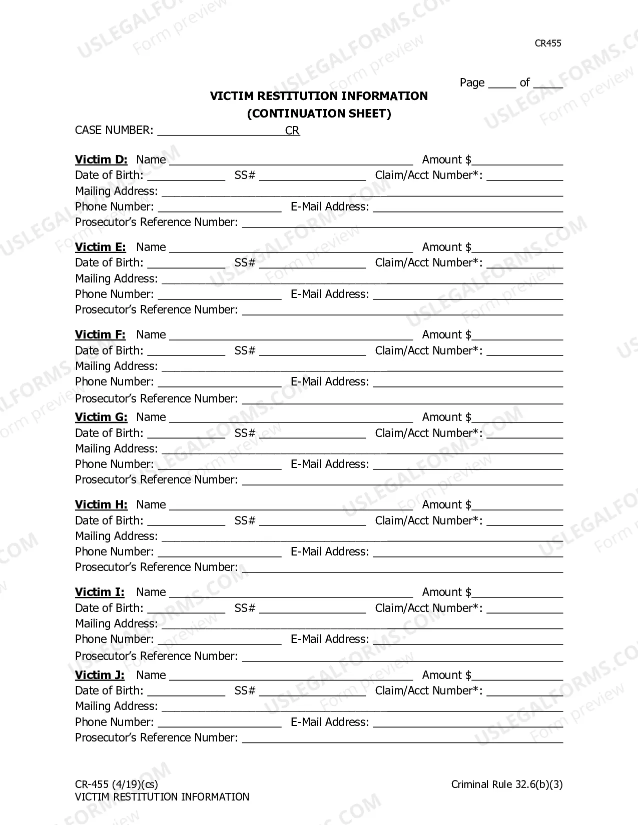 Preview Victim Restitution Information with Continuation Sheet