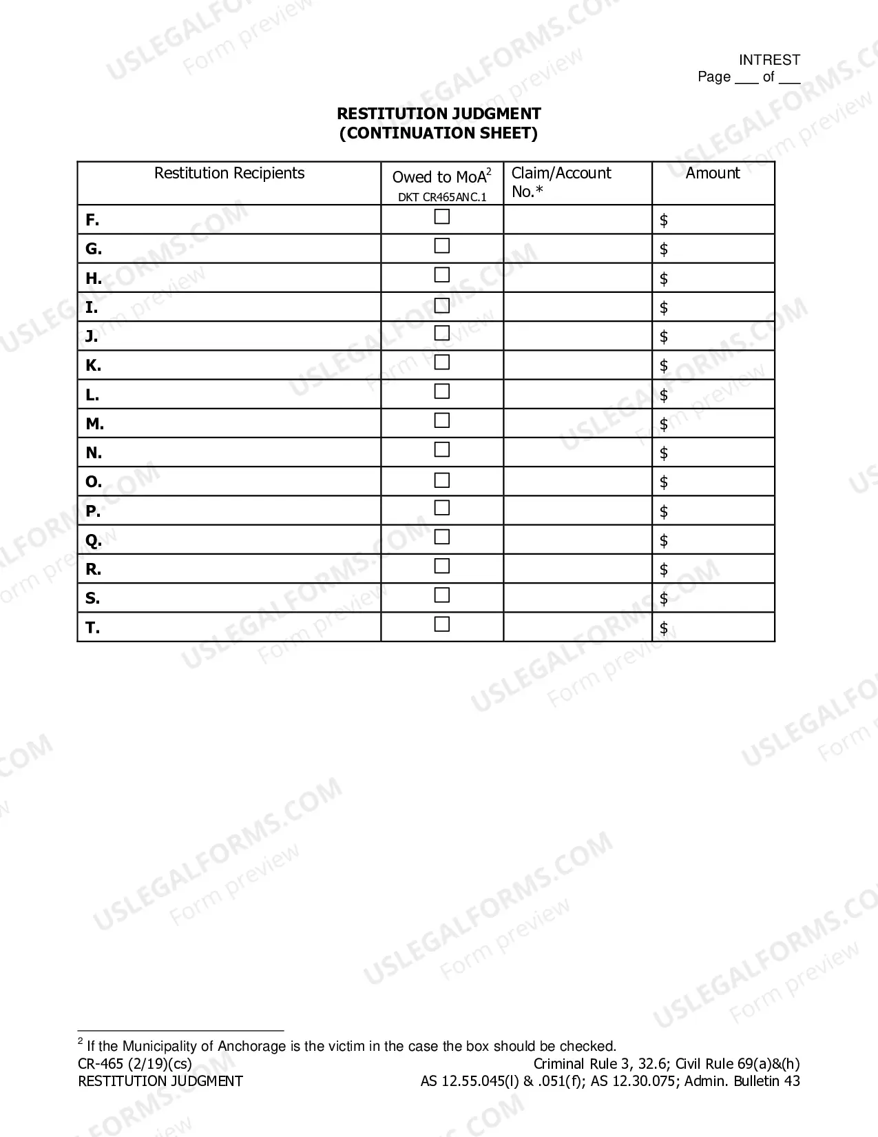 Preview Restitution Judgment with Continuation Sheet