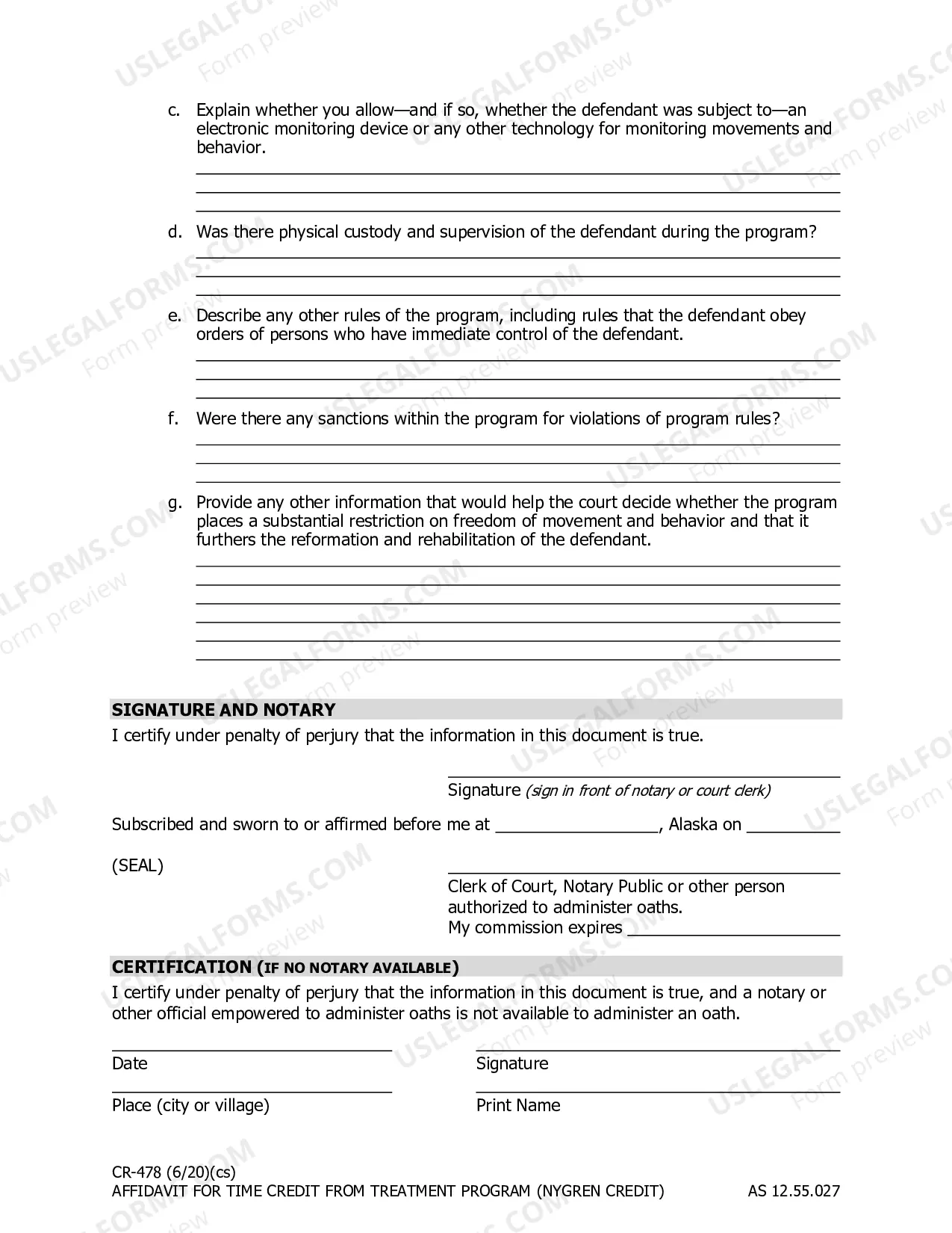 Preview Affidavit for Time Credit from Treatment Program - Nygren Credit