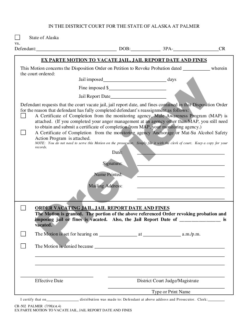 Alaska Ex Parte Motion to Vacate Jail, Jail Report Date and Fines