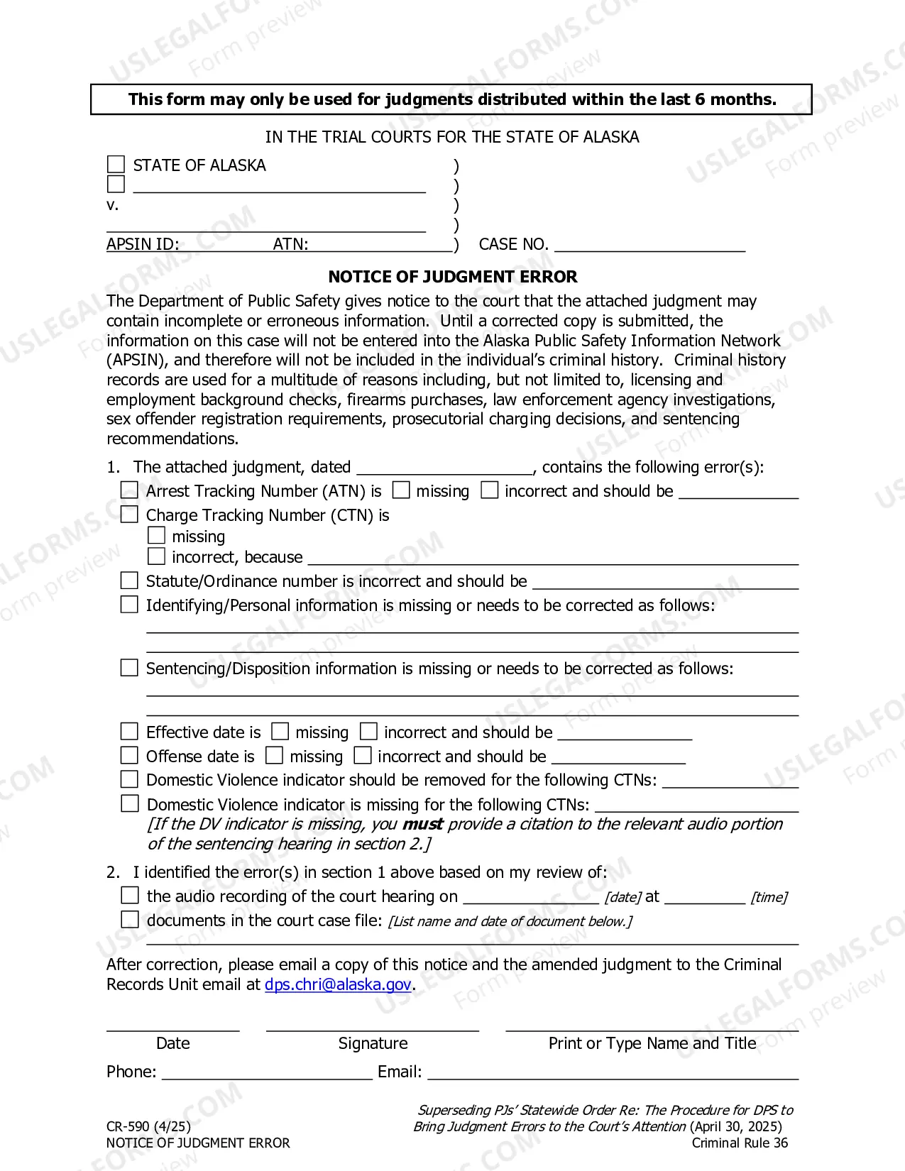 Preview Notice of Judgment Error - For Use by Department of Public Safety Only