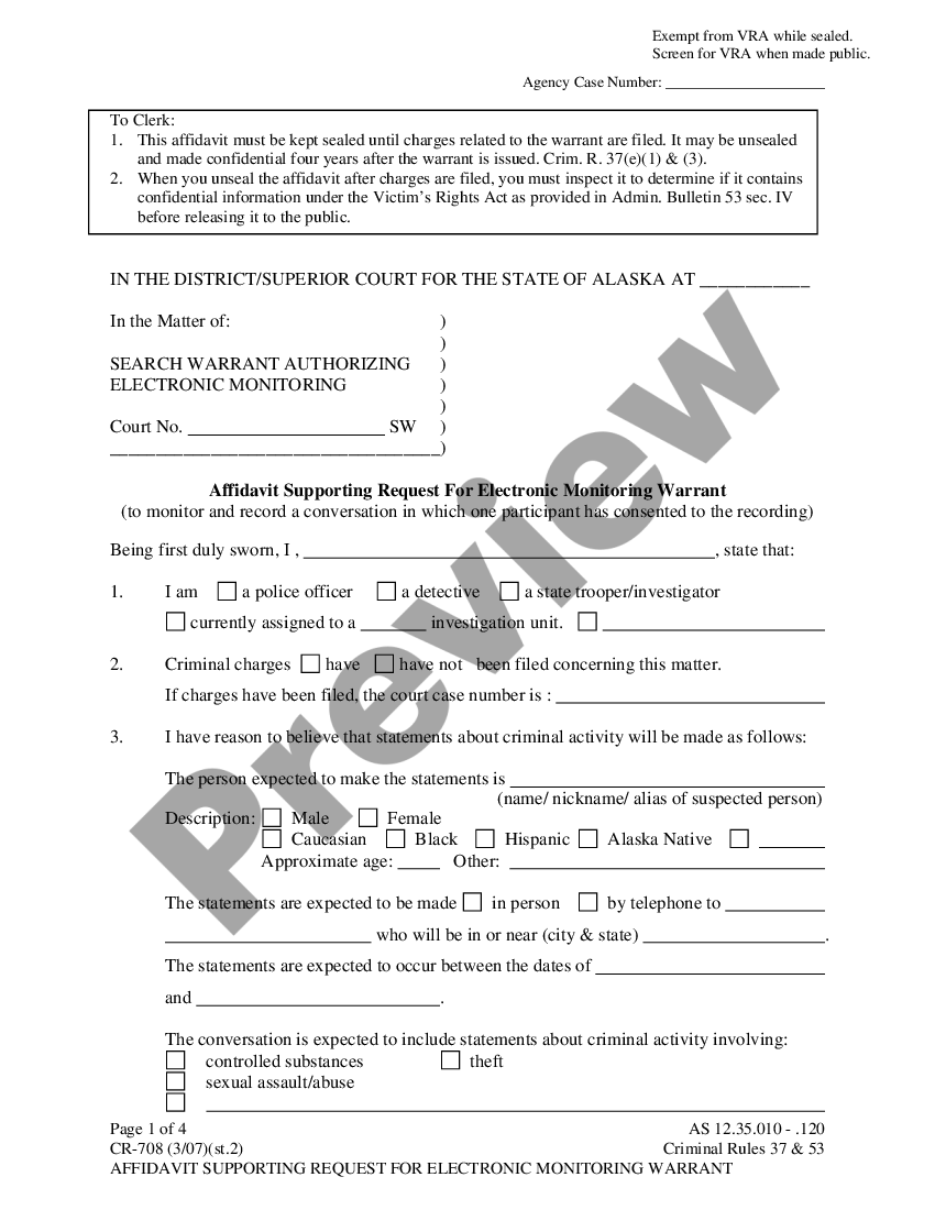 Alaska Affidavit Supporting Request for Electronic Monitoring Warrant