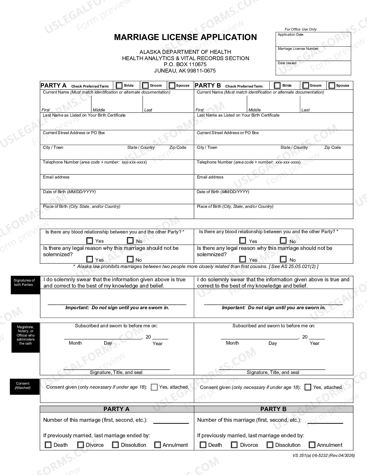 Preview VS-351(a) (Marriage License Application)