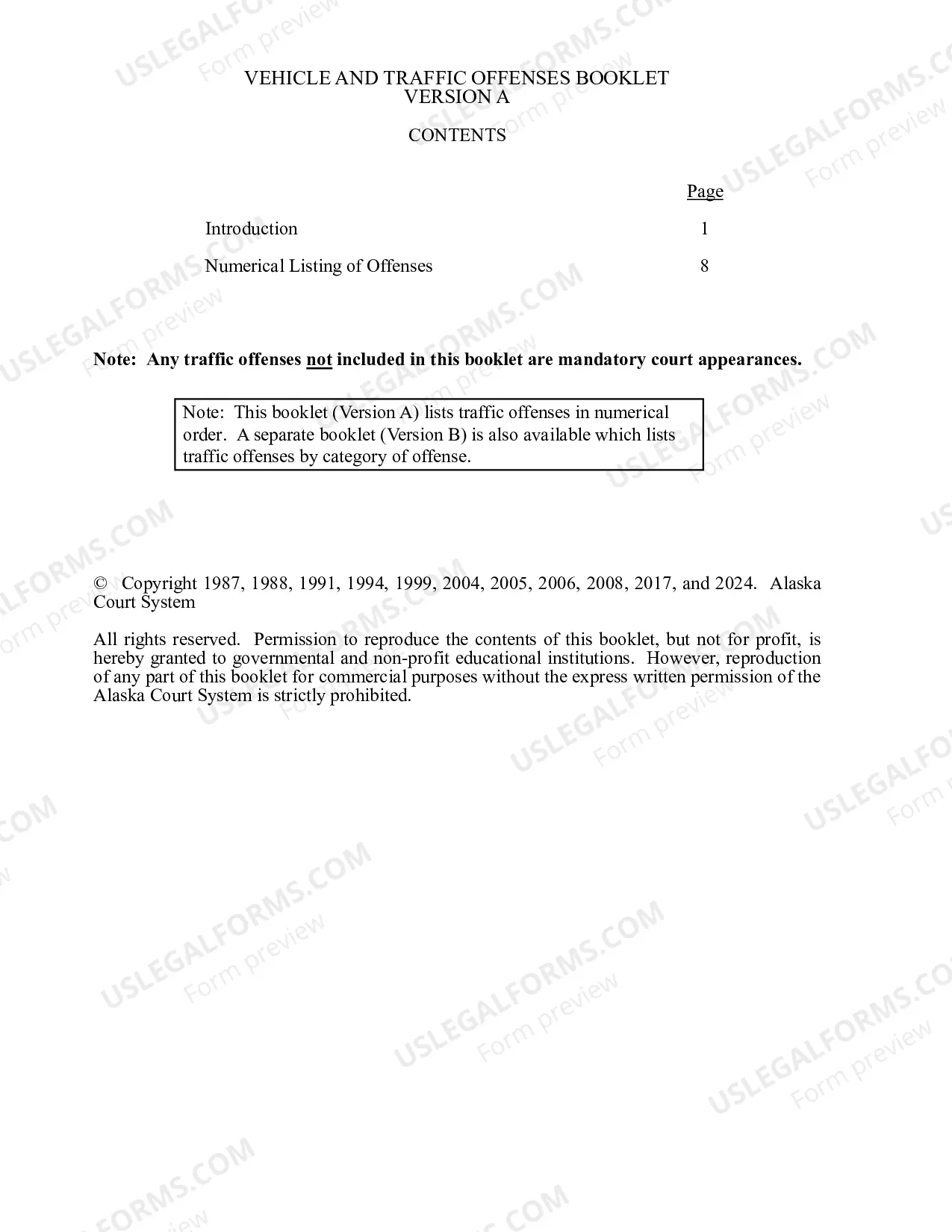 Preview Version A: Vehicle and Traffic Offenses Booklet (Offenses Listed Numerically)
