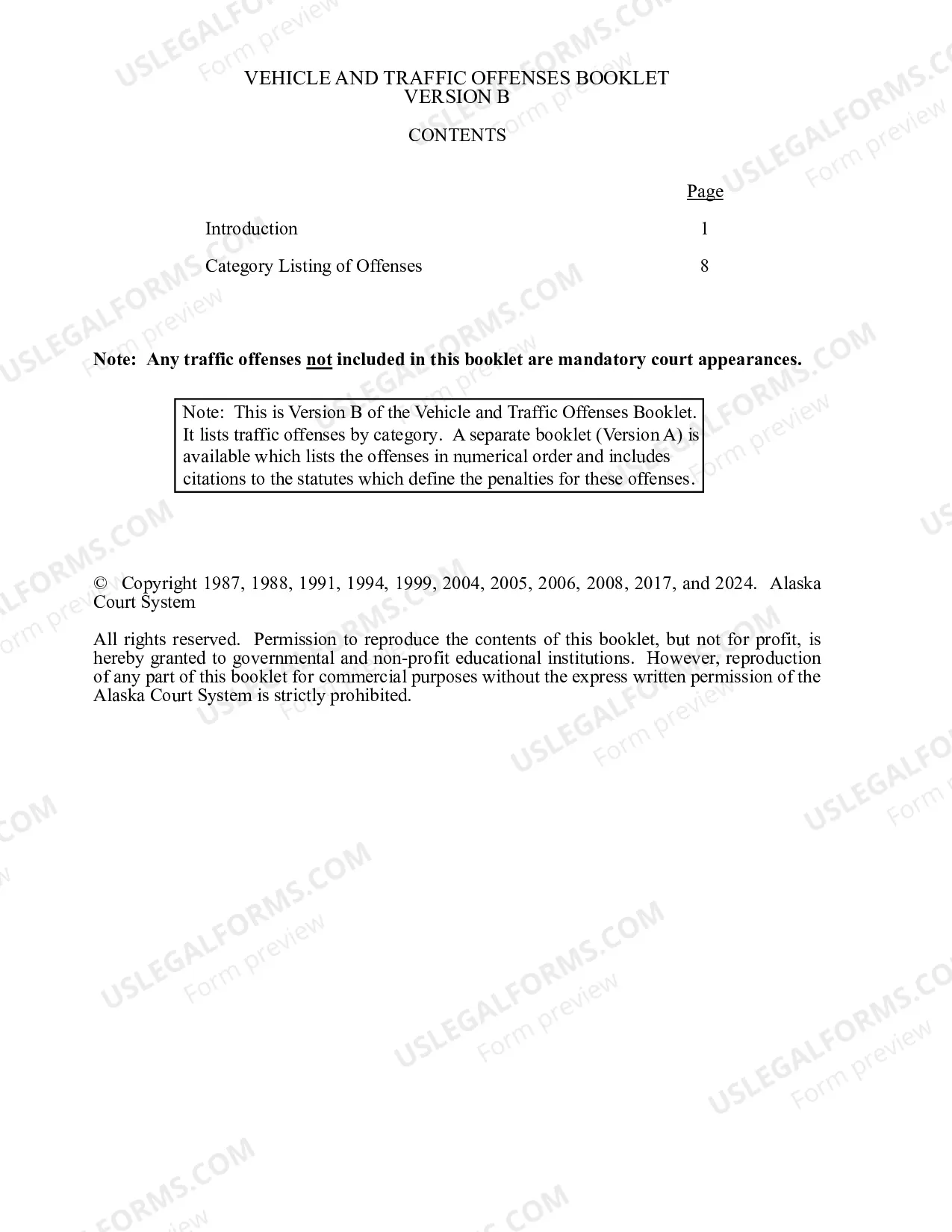 Preview Version B: Vehicle and Traffic Offenses Booklet (Offenses Listed by Category)