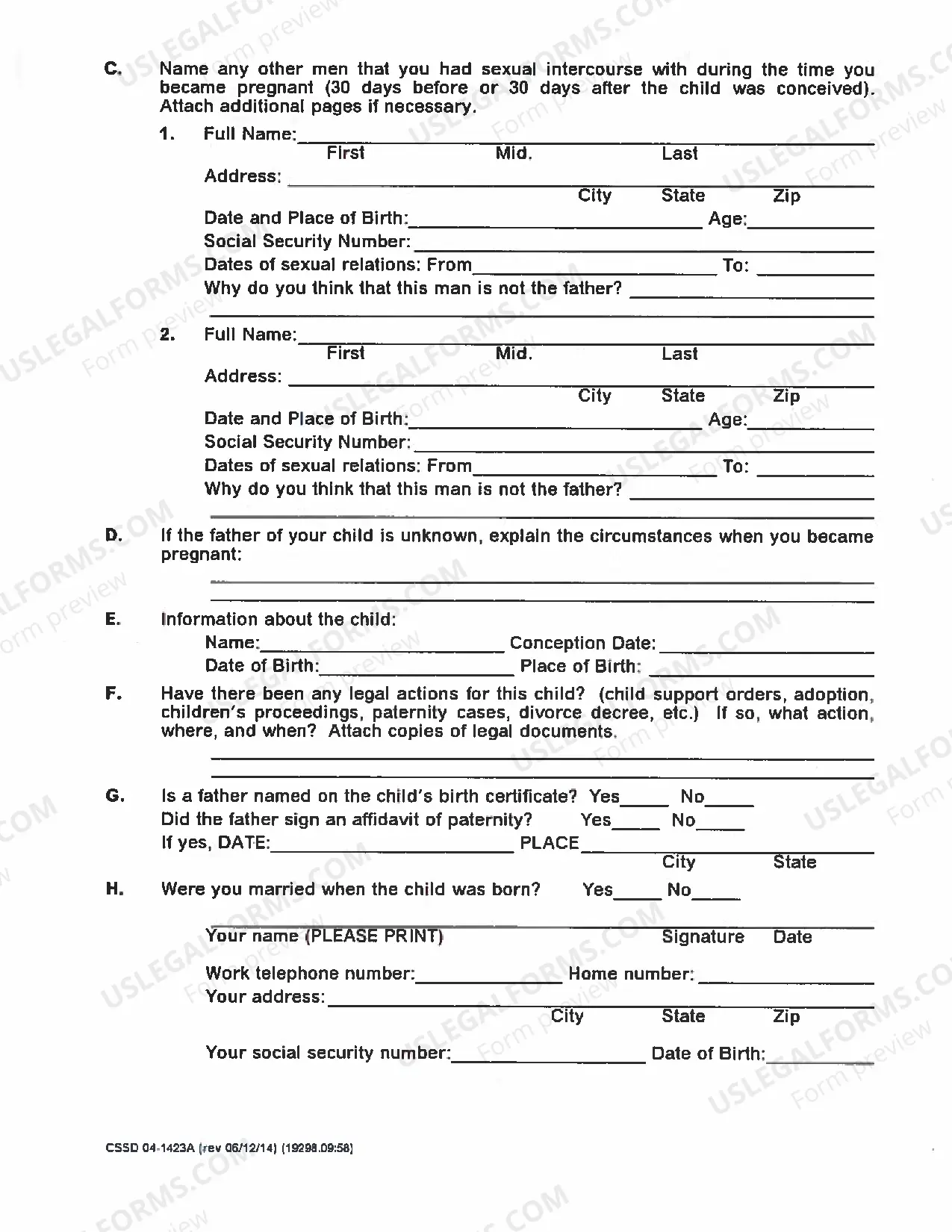 Preview Paternity Information Locate Sheet