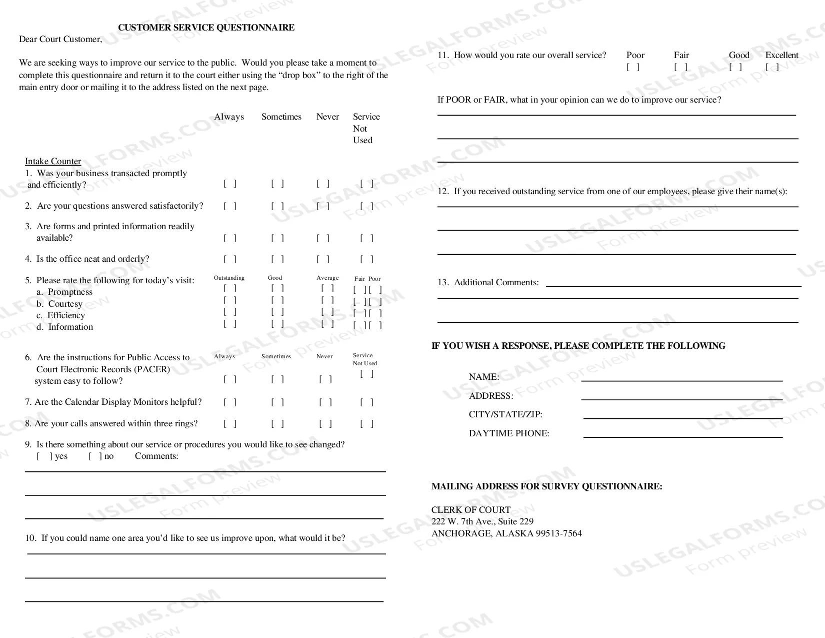 Preview Customer Service Questionnaire
