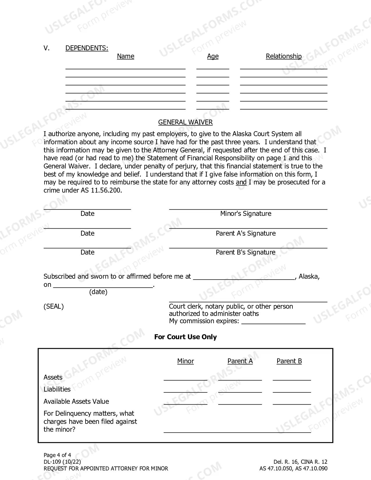 Preview Request for Appointed Attorney for Minor