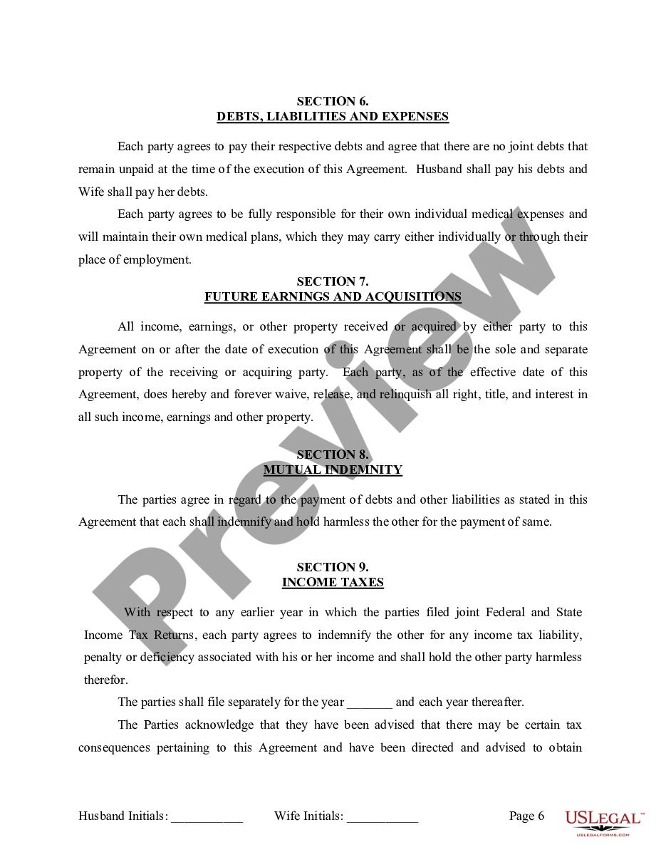 page 6 Marital Legal Separation and Property Settlement Agreement where No Children or No Joint Property or Debts and Divorce Action Filed preview