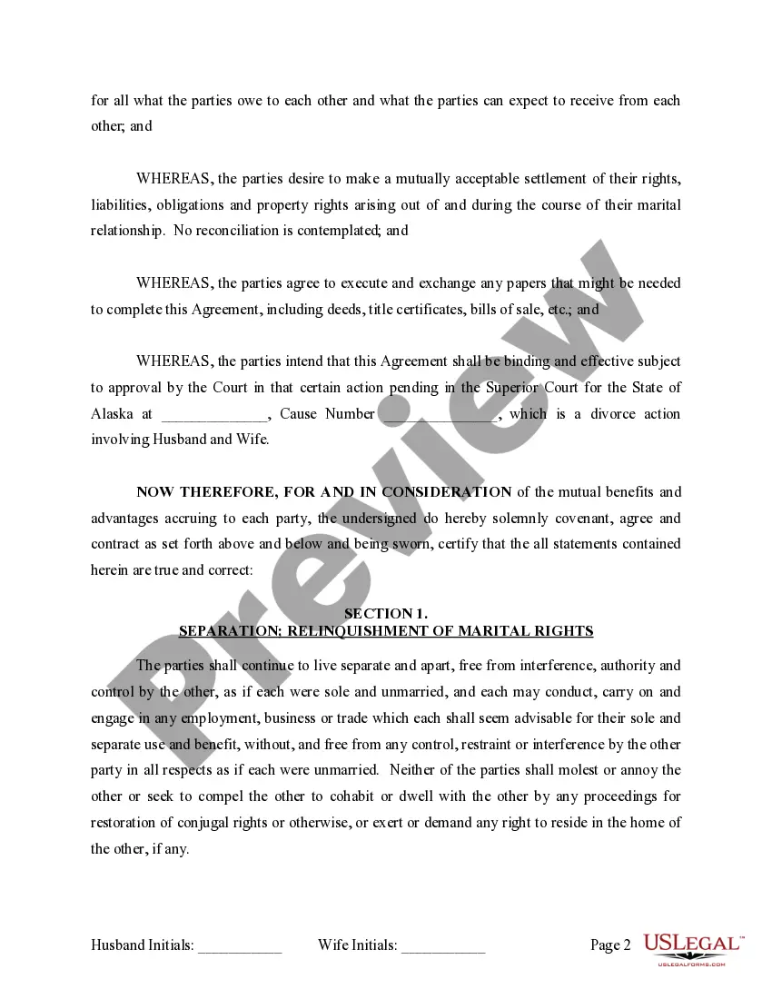 Preview Marital Legal Separation and Property Settlement Agreement where No Children or No Joint Property or Debts and Divorce Action Filed