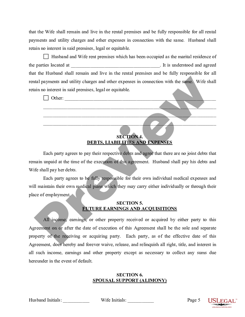 page 5 Marital Legal Separation and Property Settlement Agreement where Minor Children and No Joint Property or Debts and Divorce Action Filed preview
