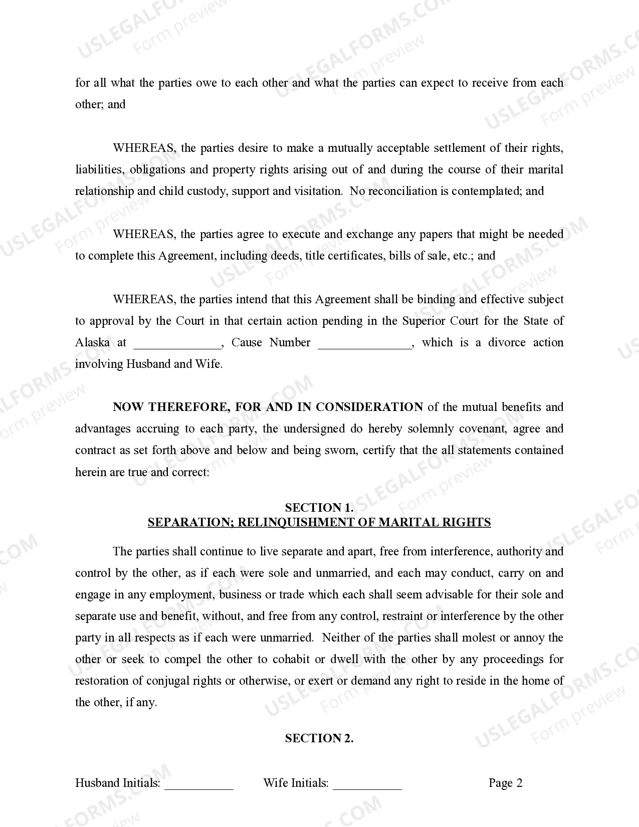 Preview Marital Legal Separation and Property Settlement Agreement where Minor Children and No Joint Property or Debts and Divorce Action Filed