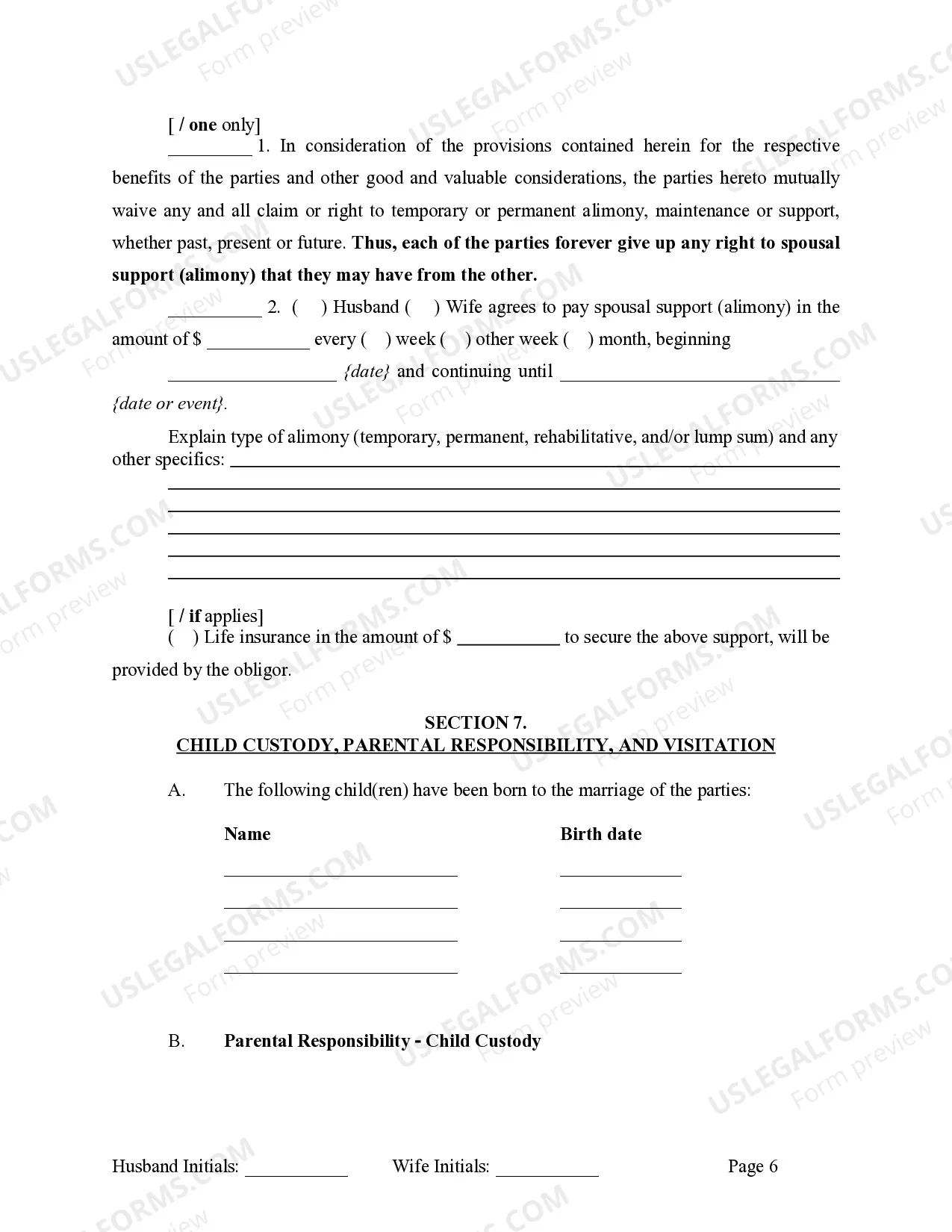 Preview Marital Legal Separation and Property Settlement Agreement where Minor Children and No Joint Property or Debts and Divorce Action Filed
