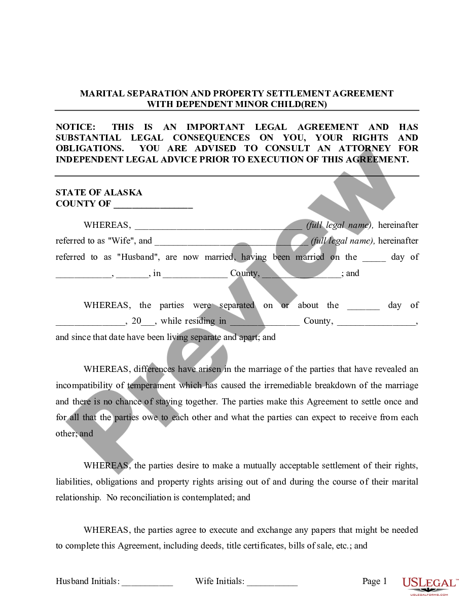 page 1 Marital Legal Separation and Property Settlement Agreement where Minor Children and No Joint Property or Debts that is Effective Immediately preview