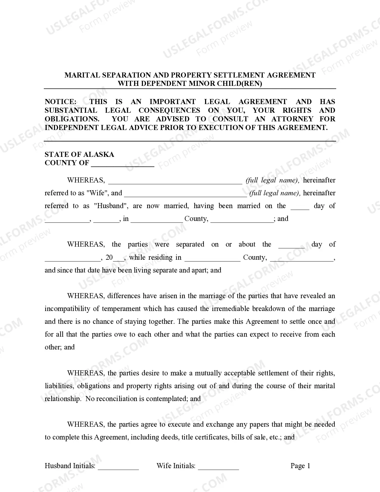 Preview Marital Legal Separation and Property Settlement Agreement where Minor Children and No Joint Property or Debts that is Effective Immediately