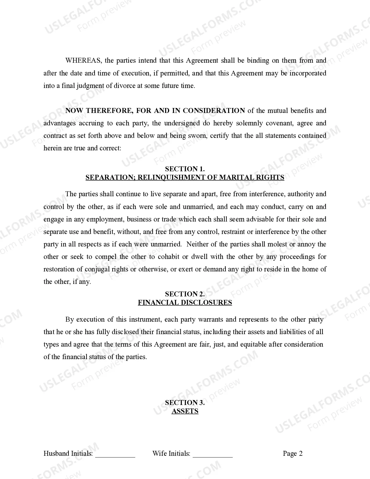 Preview Marital Legal Separation and Property Settlement Agreement where Minor Children and No Joint Property or Debts that is Effective Immediately