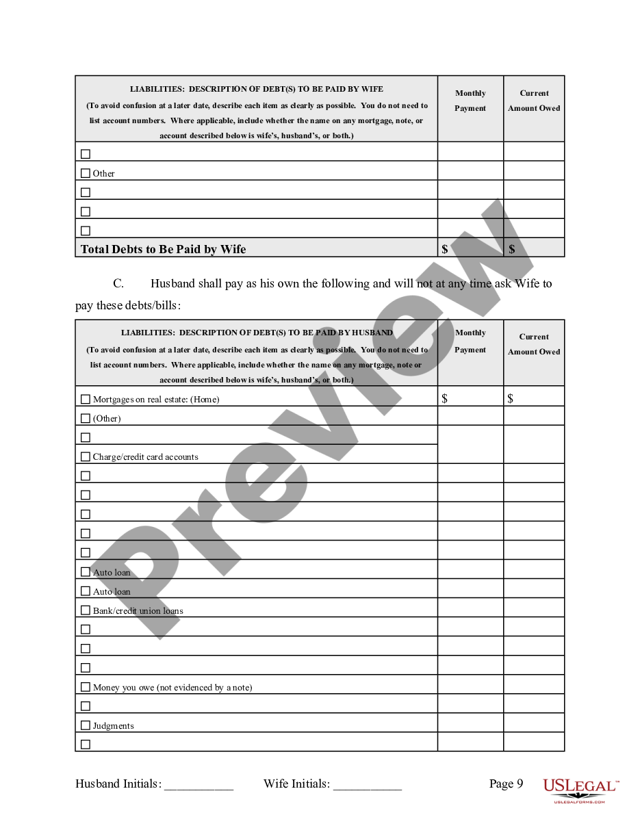 page 9 Marital Legal Separation and Property Settlement Agreement where Minor Children and Parties May have Joint Property or Debts and Divorce Action Filed preview