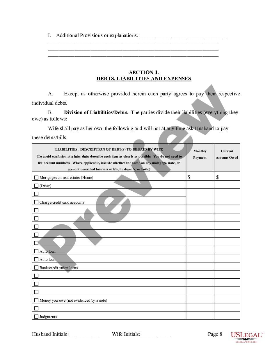page 8 Marital Legal Separation and Property Settlement Agreement where Minor Children and Parties May have Joint Property or Debts and Divorce Action Filed preview